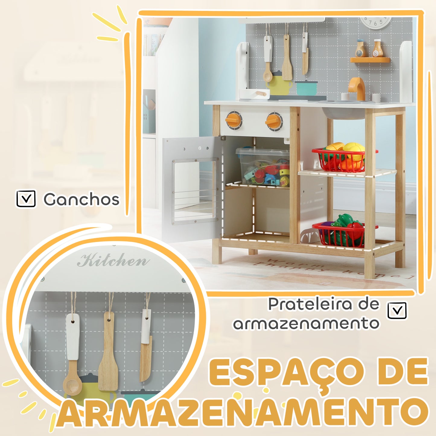 AIYAPLAY Cozinha de Brinquedo para Crianças acima de 3 Anos Cozinha Infantil de Madeira com Sons Fogão Forno Lavatório e Acessórios de Cozinha 57x26x82 cm Multicor