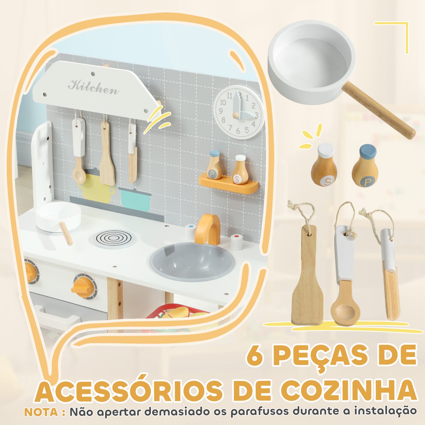 AIYAPLAY Cozinha de Brinquedo para Crianças acima de 3 Anos Cozinha Infantil de Madeira com Sons Fogão Forno Lavatório e Acessórios de Cozinha 57x26x82 cm Multicor