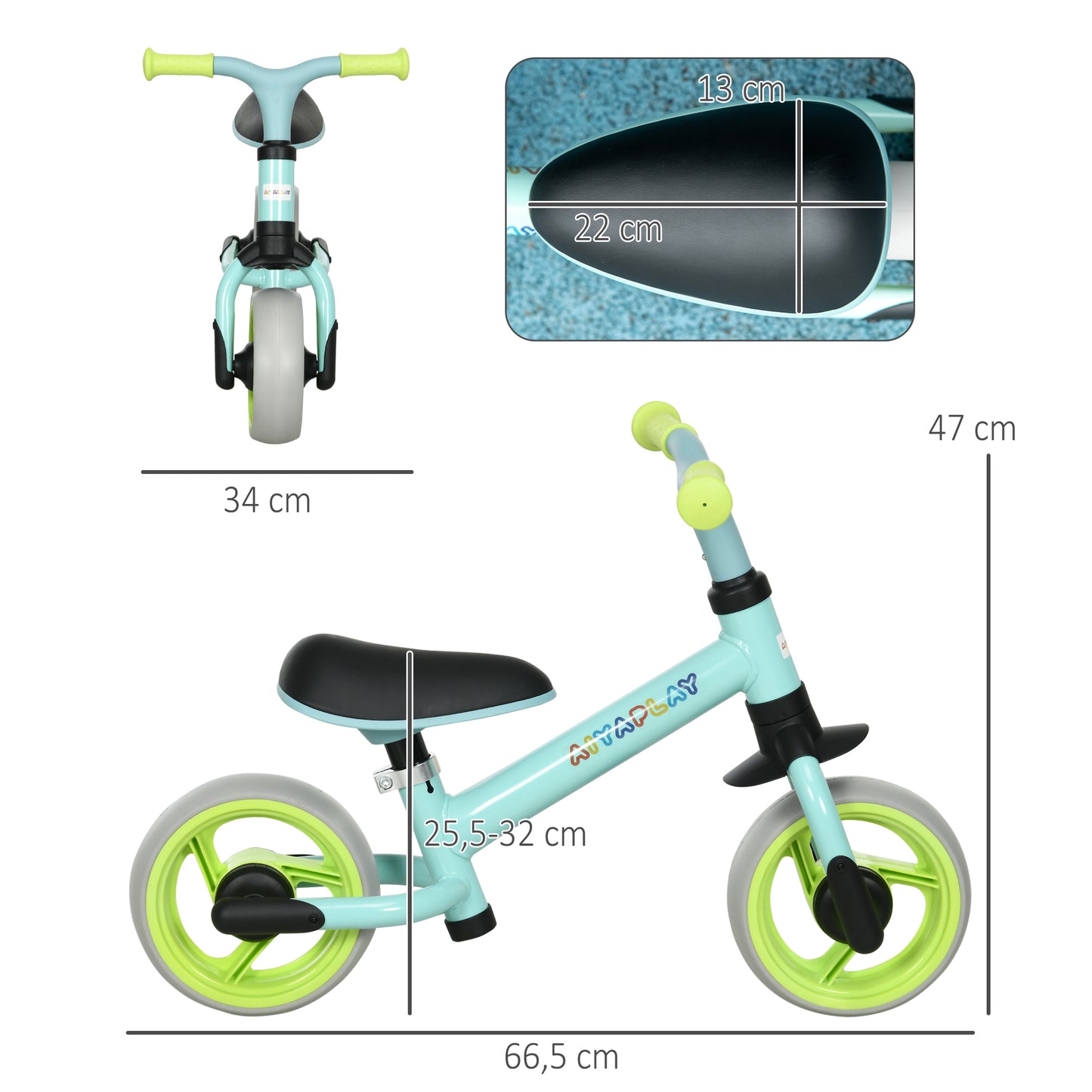 AIYAPLAY Bicicleta sem Pedais para Crianças de 18-48 Meses Bicicleta de Equilíbrio com Assento Ajustável em Altura Carga 25 kg 66,5x34x47 cm Verde