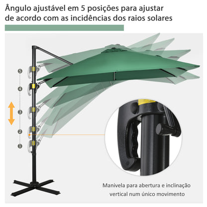 HOMCOM Chapéu de Sol de Jardim 245x245x245 cm Chapéu de Sol Excêntrico com Rotação 360° Inclinação de 3 Níveis com Manivela e Ventilação para Pátio Terraço Verde