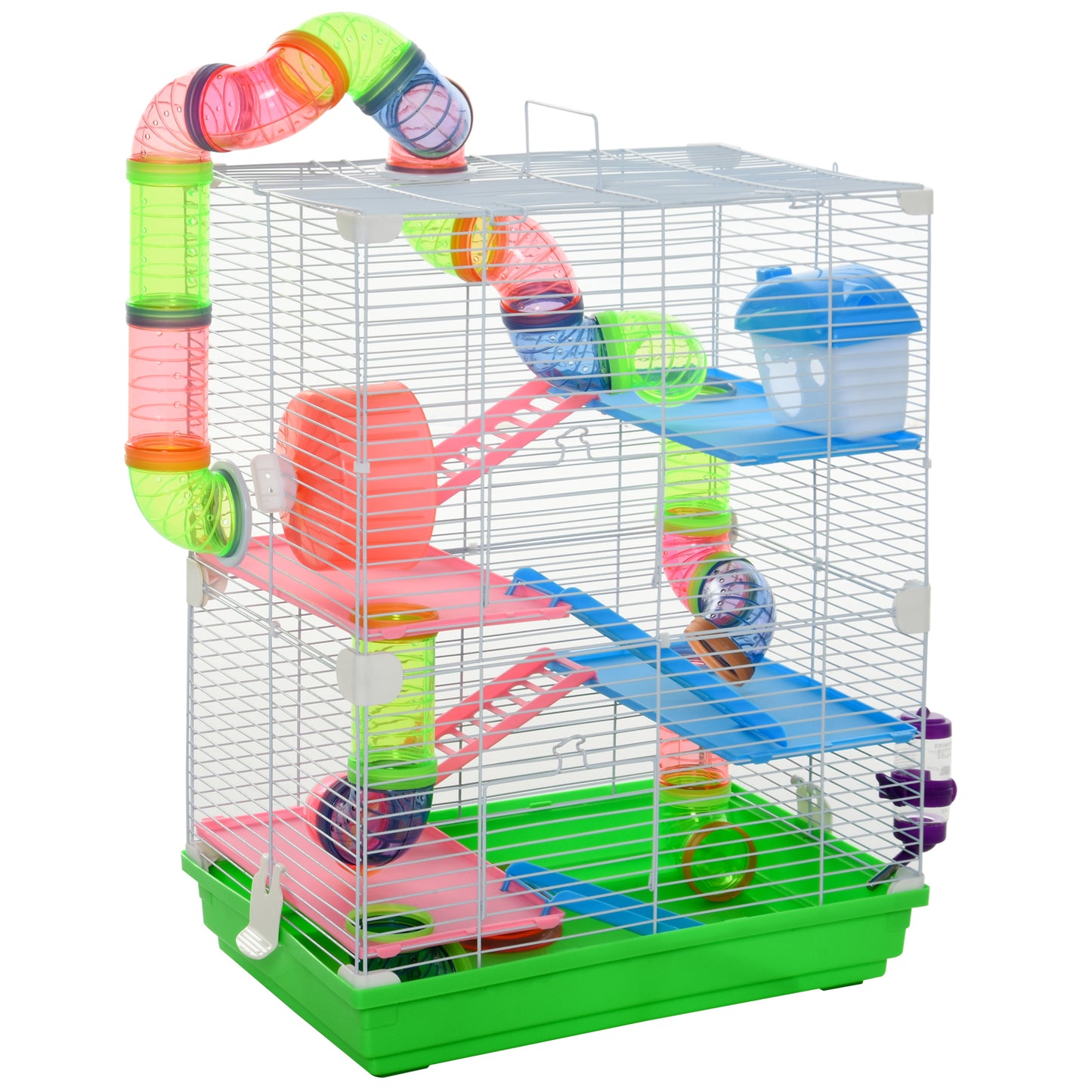 PawHut Gaiola para Hamster com 5 Plantas com Escada Alimentador Bebedor Roda e Túnel Acessórios Incluídos 46x30x58cm Verde e Branco