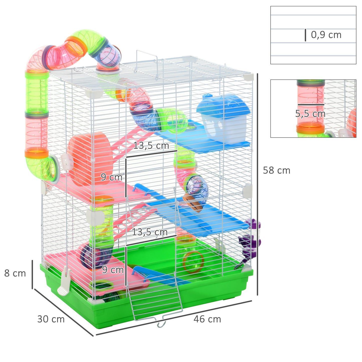 PawHut Gaiola para Hamster com 5 Plantas com Escada Alimentador Bebedor Roda e Túnel Acessórios Incluídos 46x30x58cm Verde e Branco