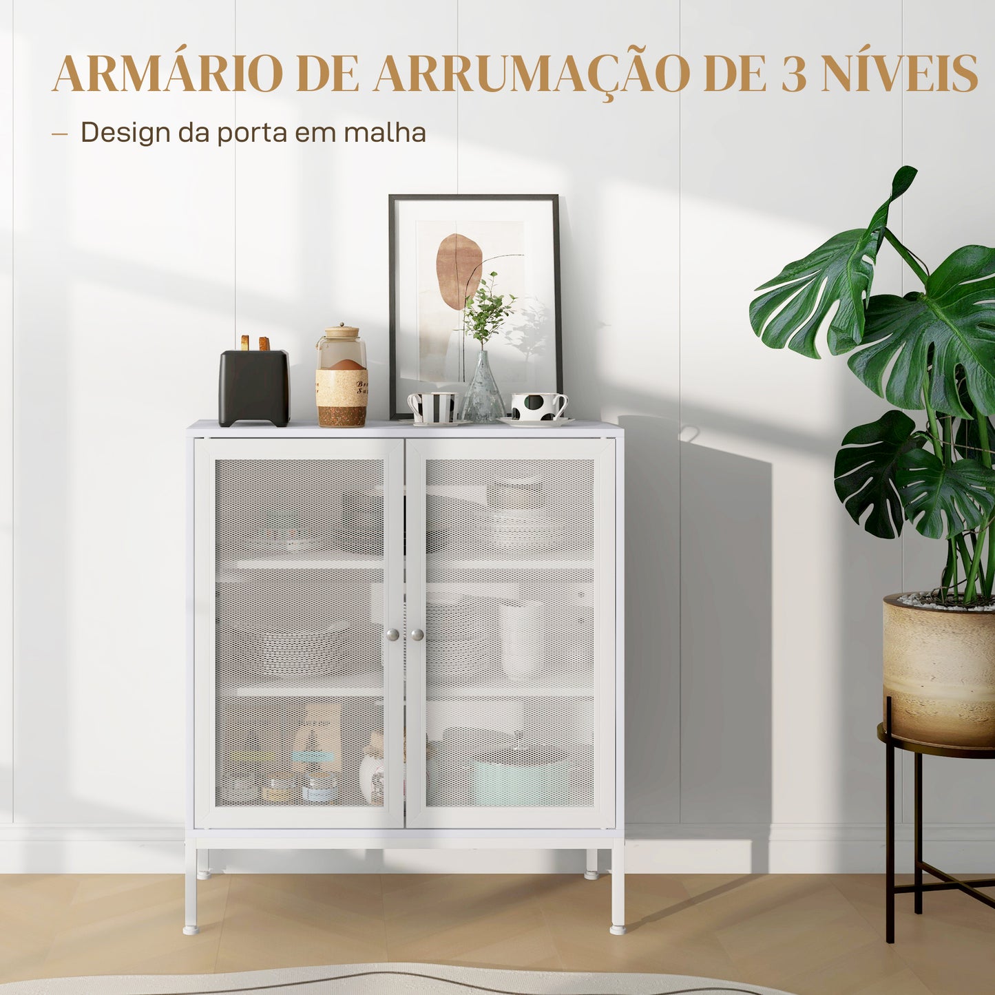 HOMCOM Aparador de 3 Níveis Móvel Auxiliar com Portas de Malha e Prateleira Ajustável Aparador de Cozinha Moderno para Sala 80x37x92 cm Branco