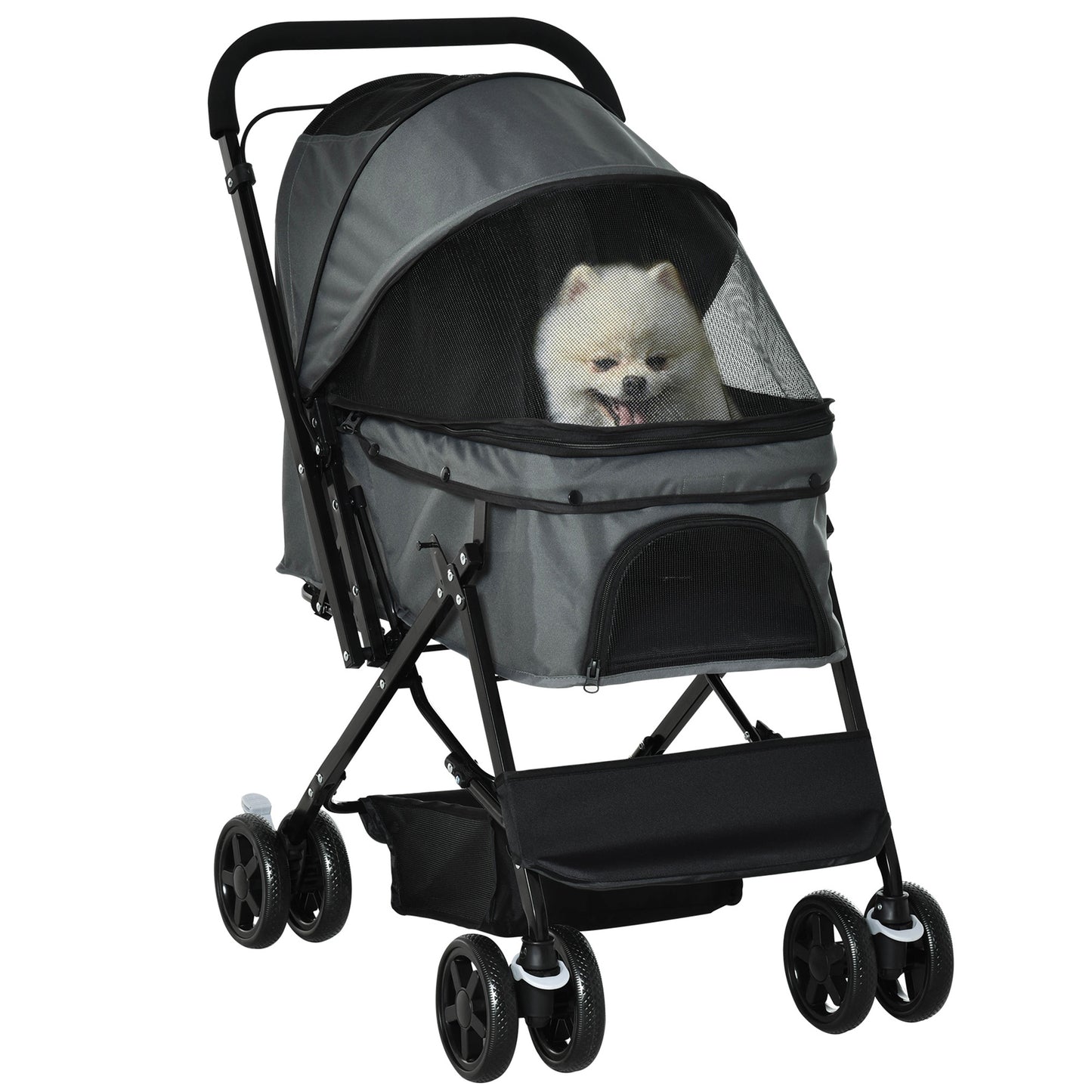 PawHut Carrinho para Animais de Estimação Dobrável Carro para Cães e Gatos com Capô Ajustável Cesta de Armazenamento Cinto de Segurança Tecido Oxford 600D Aço 76,5x52x95cm Cinza