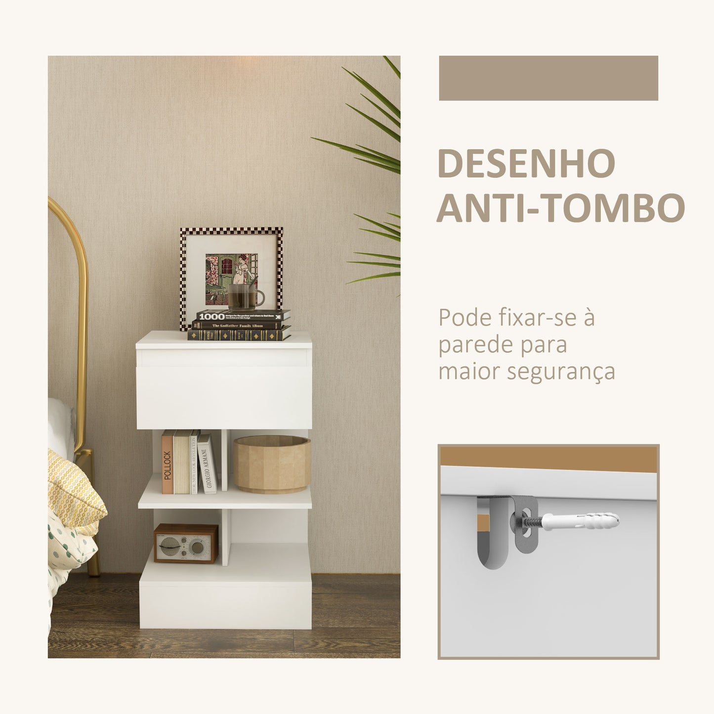 HOMCOM Mesa de Cabeceira Mesa Auxiliar com 1 Gaveta e 2 Prateleiras Abertas para Quarto Sala Cama Escritório Estilo Moderno 39x39x65 cm Branco