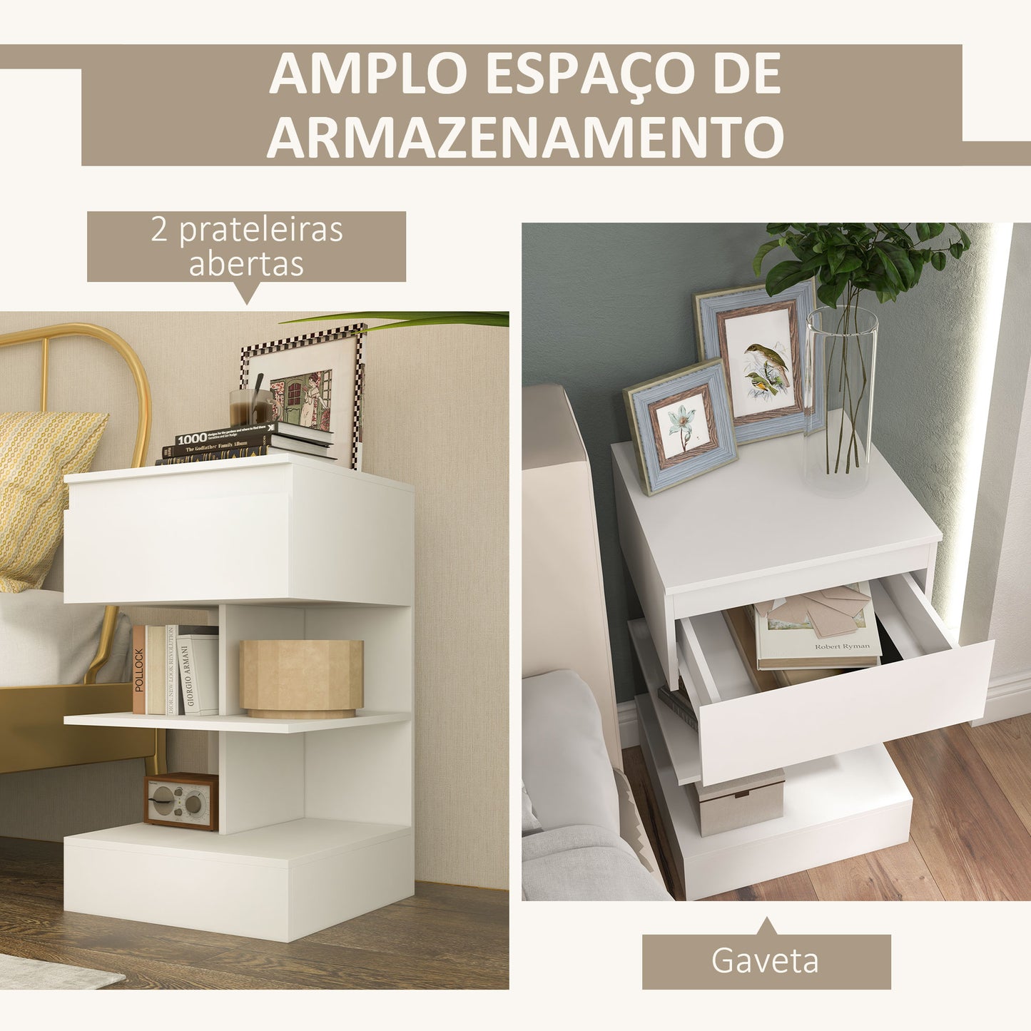 HOMCOM Mesa de Cabeceira Mesa Auxiliar com 1 Gaveta e 2 Prateleiras Abertas para Quarto Sala Cama Escritório Estilo Moderno 39x39x65 cm Branco