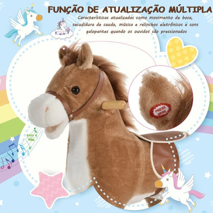 Cavalo de balanço para crianças acima de 36 meses Brinquedo de balanço macio com música Sons relinchos de galope Boca e cauda móveis 65x32,5x61 cm Marrom