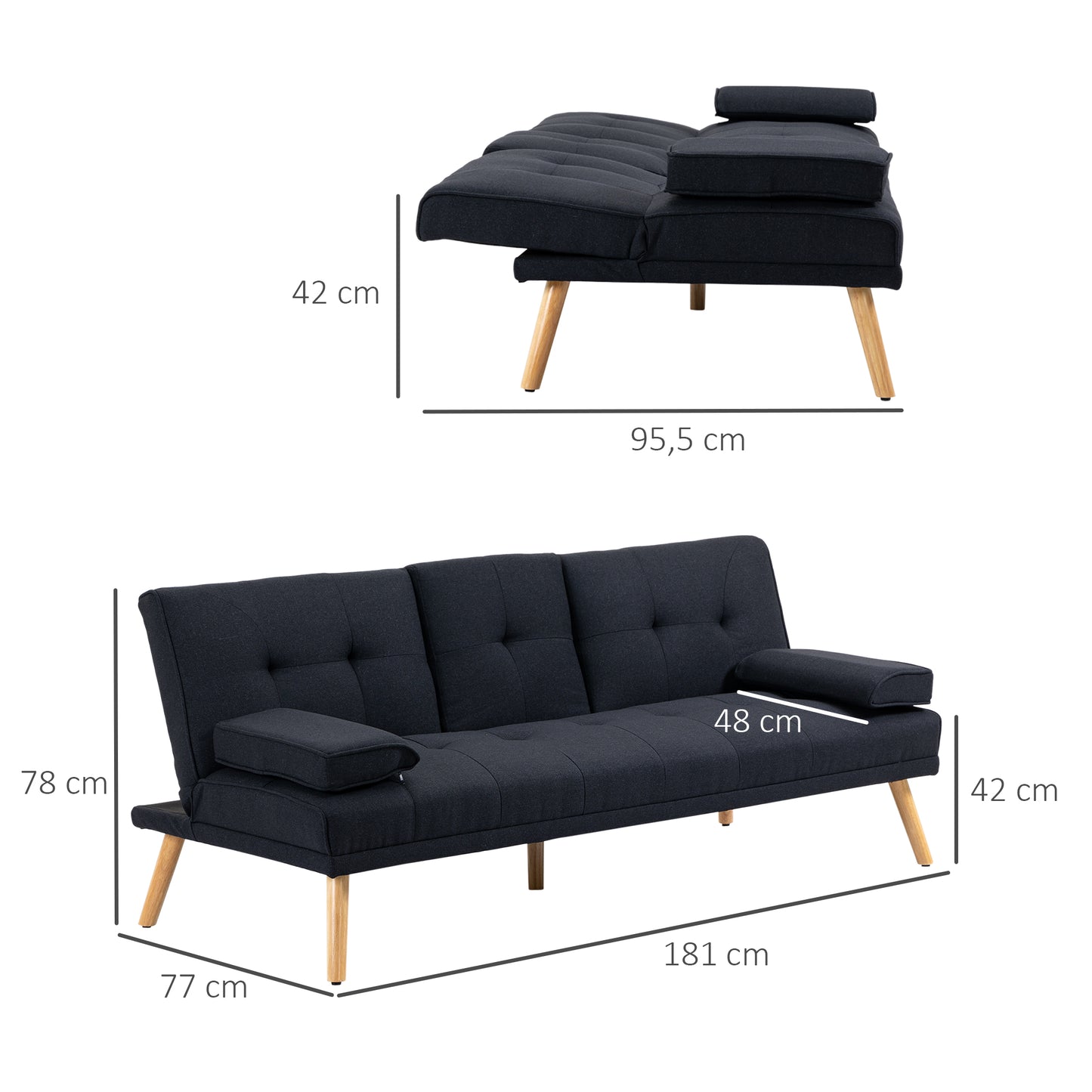 Sofá Cama "Moothy" 3 Lugares - 181x77x78 cm - Cinza Escuro - Design Dobrável com Encosto Ajustável