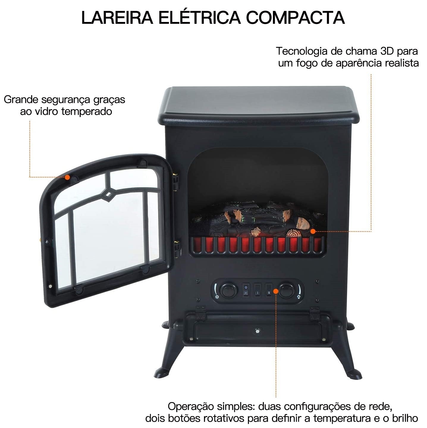 Lareira Elétrica Vertical com Aquecimento e Chama/Lenha Decorativa - Design Clássico