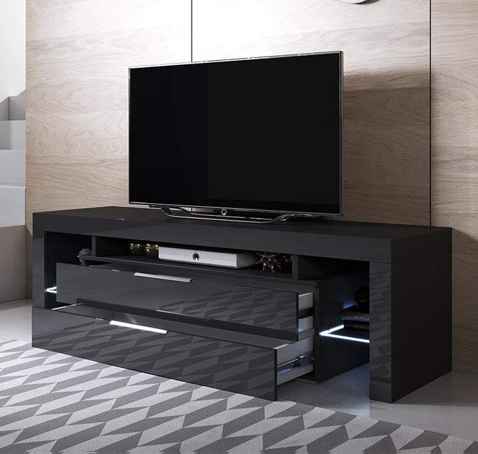 Móvel de TV Neyla com 2 Gavetas de 160cm - Preto Brilhante - Design Moderno