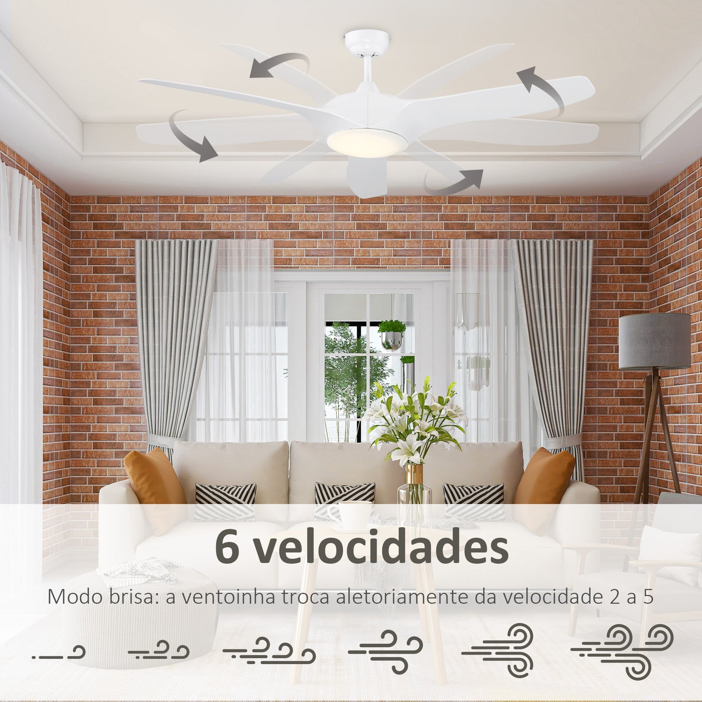 HOMCOM Ventoinha de Teto Diâmetro 132cm com Luz LED Controle Remoto 3 Lâminas Reversíveis 6 Velocidades e Temporizador Silencioso para Dormitório Sala de Estar Sala de Jantar Branco