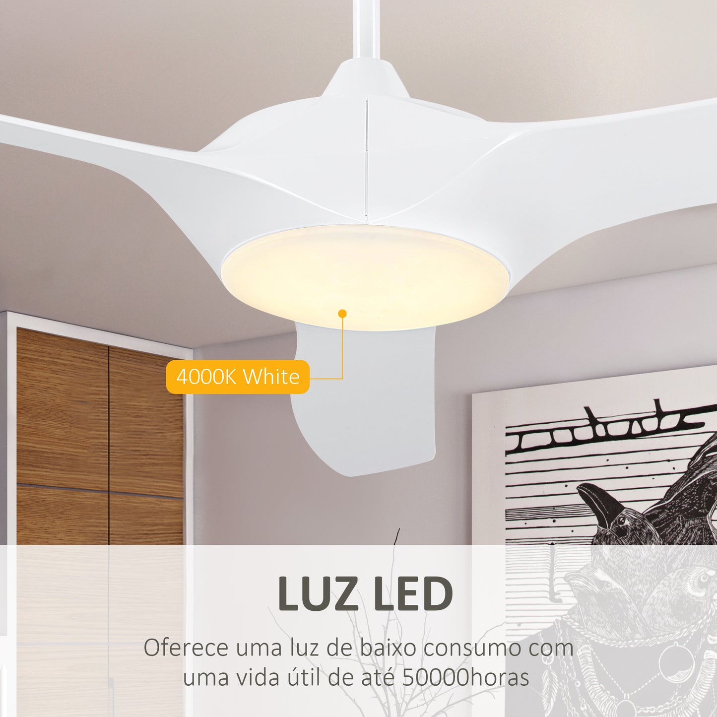 HOMCOM Ventoinha de Teto Diâmetro 132cm com Luz LED Controle Remoto 3 Lâminas Reversíveis 6 Velocidades e Temporizador Silencioso para Dormitório Sala de Estar Sala de Jantar Branco