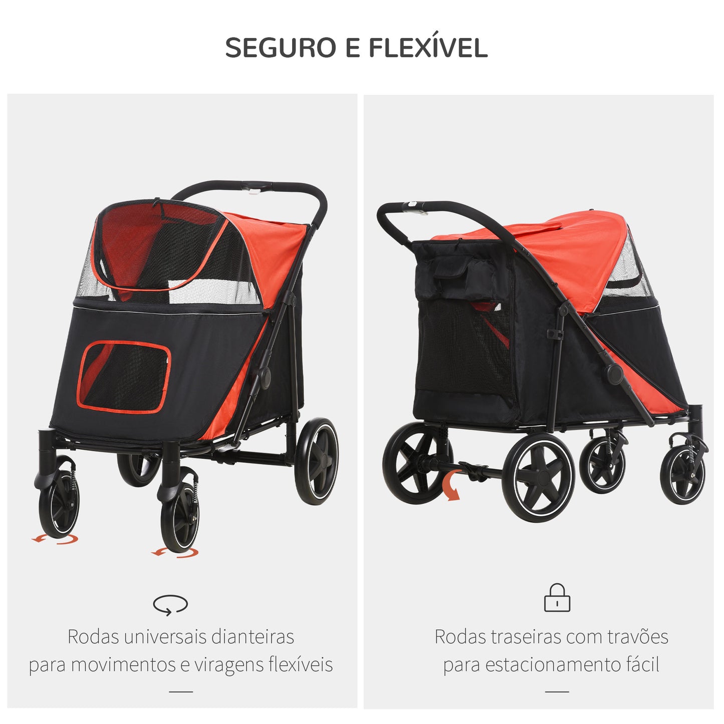 PawHut Carrinho para Cães Dobrável Carrinho para Animais de Estimação com Janelas de Malha Cinto de Segurança e Bolsos de Armazenamento Carga Máxima 40 kg 112x65x100 cm Vermelho