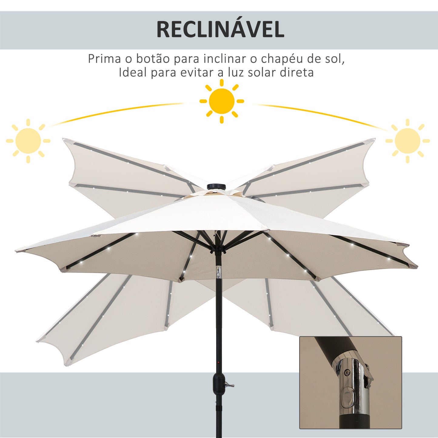 Outsunny Chapéu de Sol de Jardim Ø270x240cm com 24 Luzes LED Solar Mecanismo de Inclinação Manivela e Mastro Desmontável de Metal para Terraço Piscina Pátio Creme