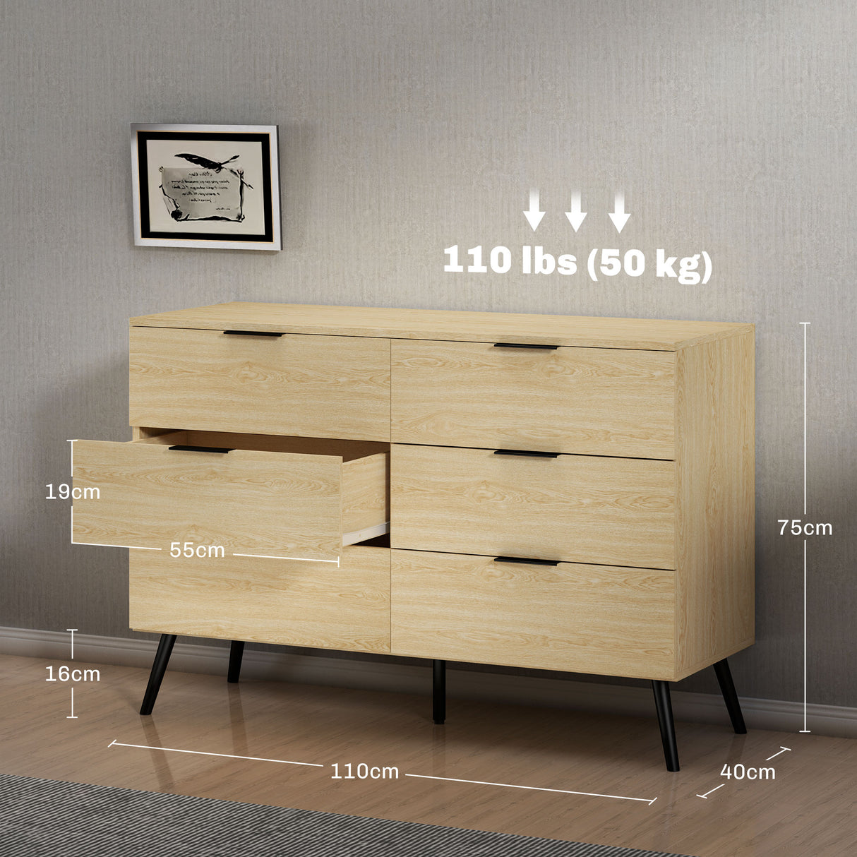 HOMCOM Cómoda com 6 Gavetas Cómoda para Dormitório Cómoda Moderna com Desenho Anti-Tombo para Sala de Estar Corredor 110x40x75 cm Carvalho