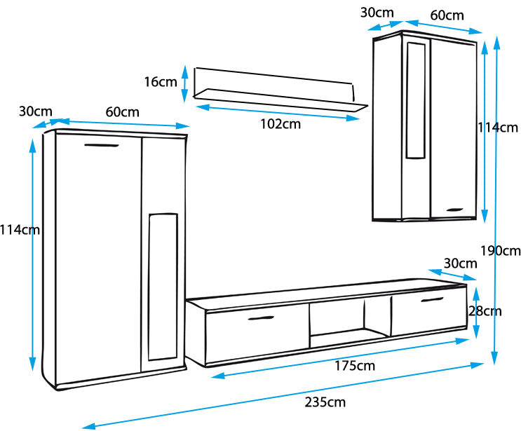 Mueble de salón Aristo blanco mate y cristal negro (2,35m)