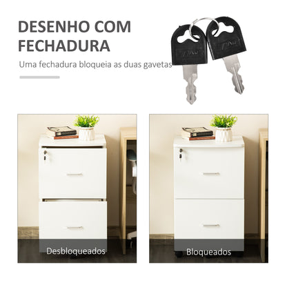 Vinsetto Bloco de Gavetas de Escritório Móvel Auxiliar para Arquivos com 2 Gavetas Fechadura 2 Chaves 5 Rodas e 2 Freios para Estúdio Escritório Dormitório 43x45x72cm Branco