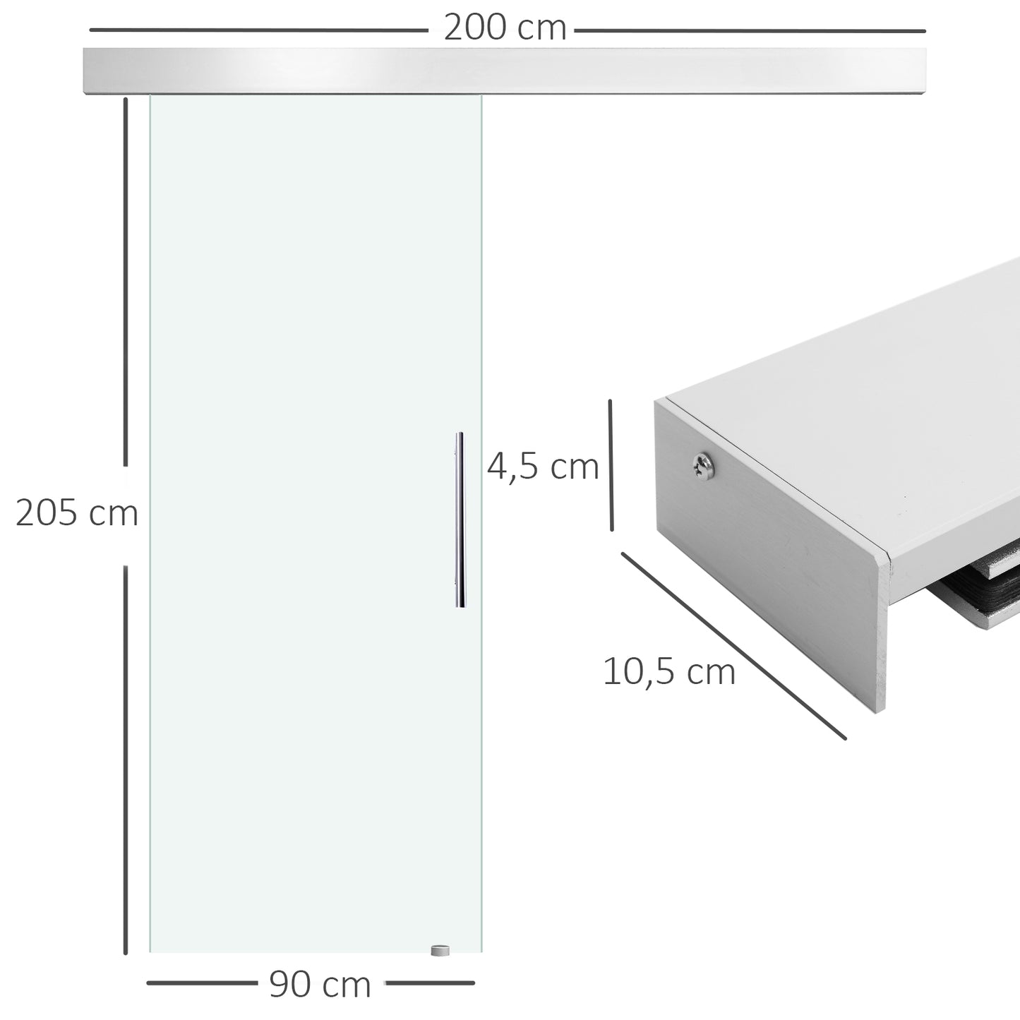 HOMCOM Porta de Correr de Vidro 90x205 cm Porta de Correr de Vidro com Trilho Translúcida