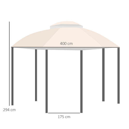 Outsunny Pérgola de Jardim Hexagonal 4x4m Pérgola de Exterior com Teto Duplo de Ventilação 6 Telas Mosquiteiras com Zíper para Festas Pátio Cáqui