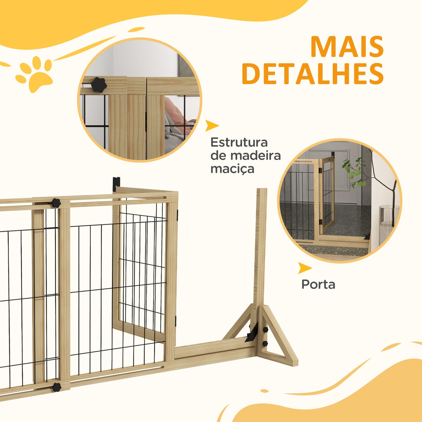 PawHut Barreira de Segurança para Cães de Madeira Barreira para Animais de Estimação Extensível de 2 Painéis com Pés de Apoio Triangular para Porta Corredor Escada 112-159x44x70 cm Madeira