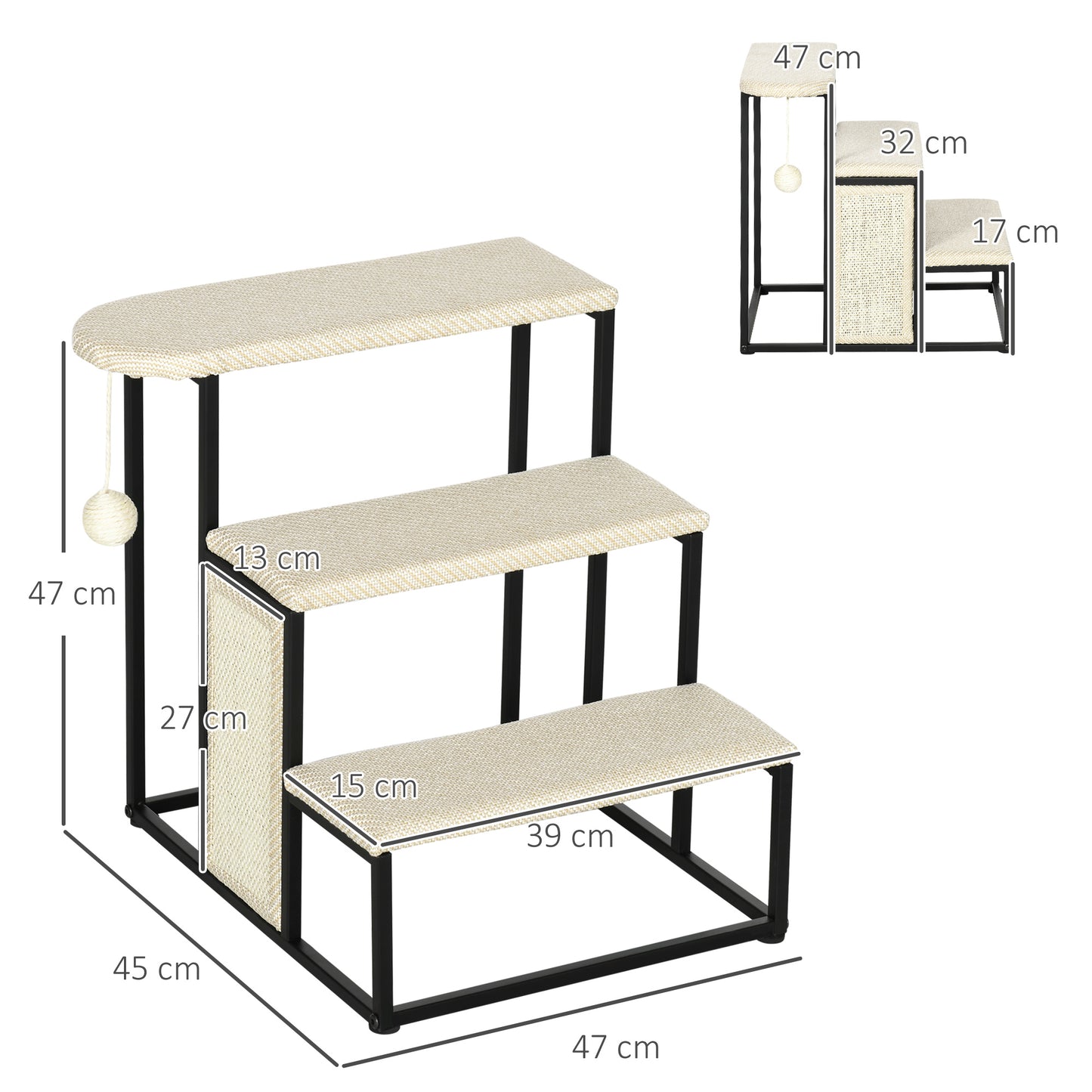 PawHut Escada para Cães de 3 Níveis Escada para Animais de Estimação com 3 Degraus Bola Suspensa Painel para Arranhar e Estrutura de Aço 47x45x47 cm Creme e Preto