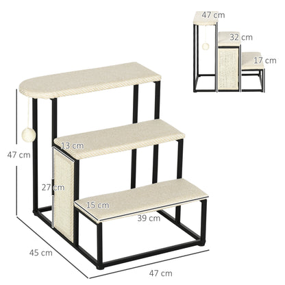 PawHut Escada para Cães de 3 Níveis Escada para Animais de Estimação com 3 Degraus Bola Suspensa Painel para Arranhar e Estrutura de Aço 47x45x47 cm Creme e Preto