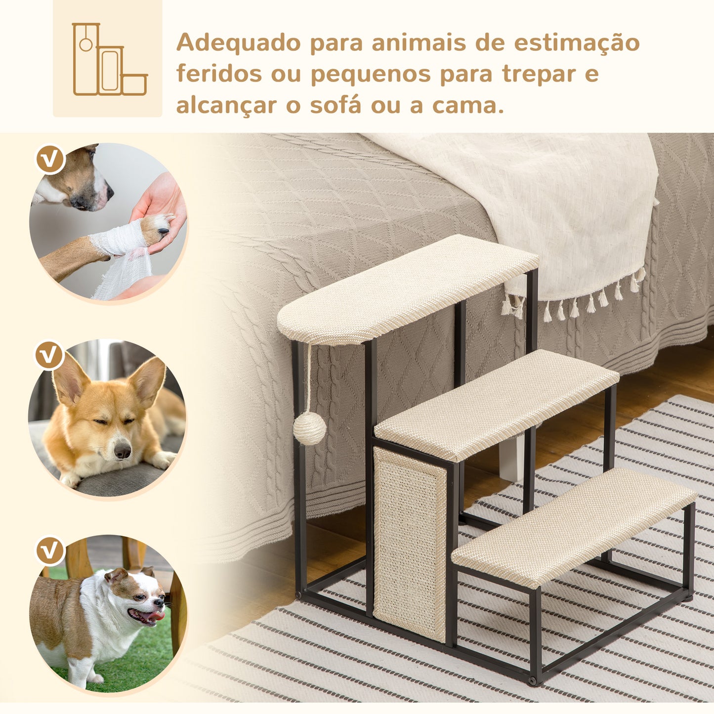 PawHut Escada para Cães de 3 Níveis Escada para Animais de Estimação com 3 Degraus Bola Suspensa Painel para Arranhar e Estrutura de Aço 47x45x47 cm Creme e Preto