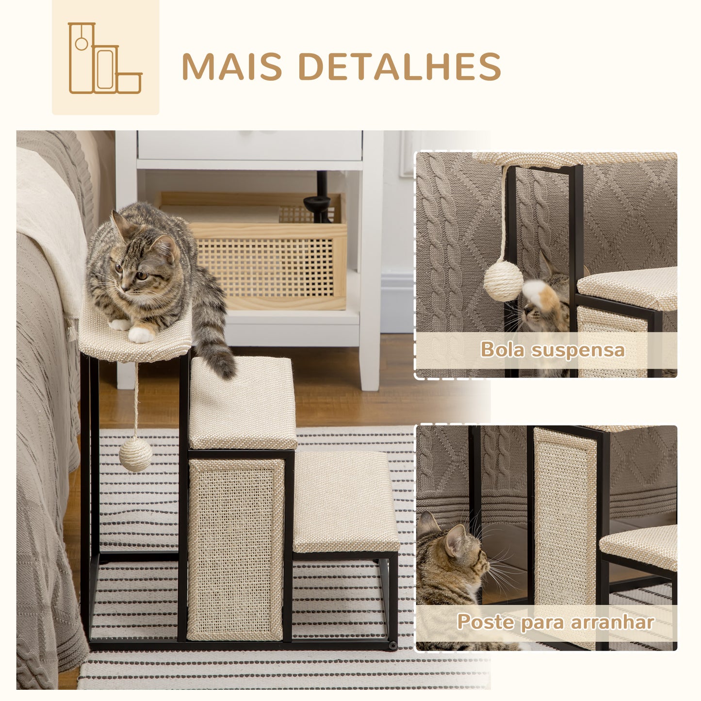 PawHut Escada para Cães de 3 Níveis Escada para Animais de Estimação com 3 Degraus Bola Suspensa Painel para Arranhar e Estrutura de Aço 47x45x47 cm Creme e Preto