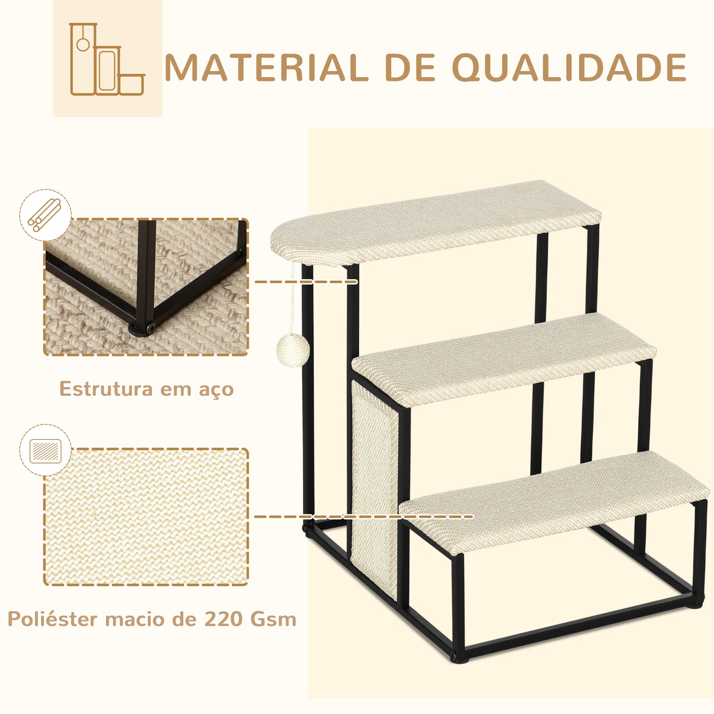 PawHut Escada para Cães de 3 Níveis Escada para Animais de Estimação com 3 Degraus Bola Suspensa Painel para Arranhar e Estrutura de Aço 47x45x47 cm Creme e Preto