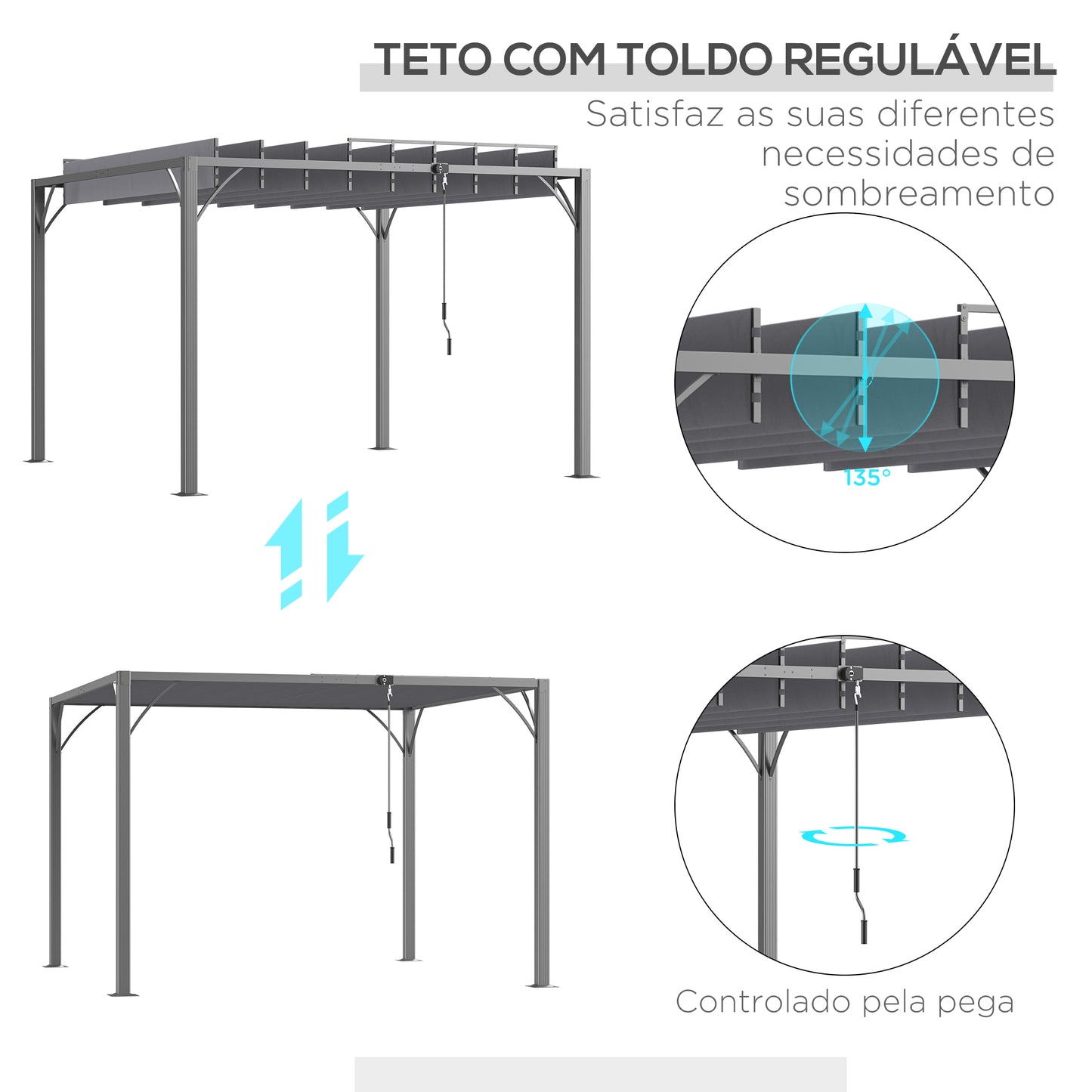 Outsunny Pérgola 3x3 m para Jardim com Desenho de Lâminas Superiores Giratórias até 135° Proteção UV 50+ e Estrutura de Aço para Pátio Terraço Varanda Cinza