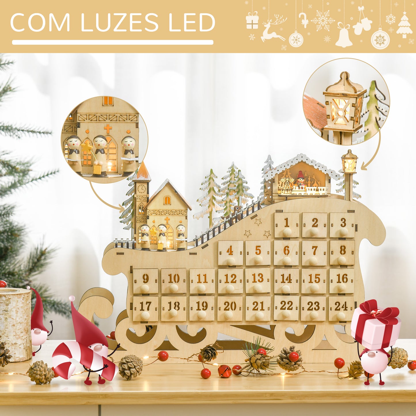 HOMCOM Calendário de Advento de Natal com Luzes LED e 24 Gavetas Decoração de Natal Modelo de Trenó 45x10x31cm Madeira Natural