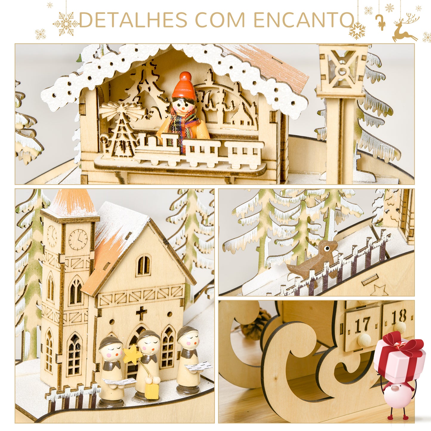 HOMCOM Calendário de Advento de Natal com Luzes LED e 24 Gavetas Decoração de Natal Modelo de Trenó 45x10x31cm Madeira Natural