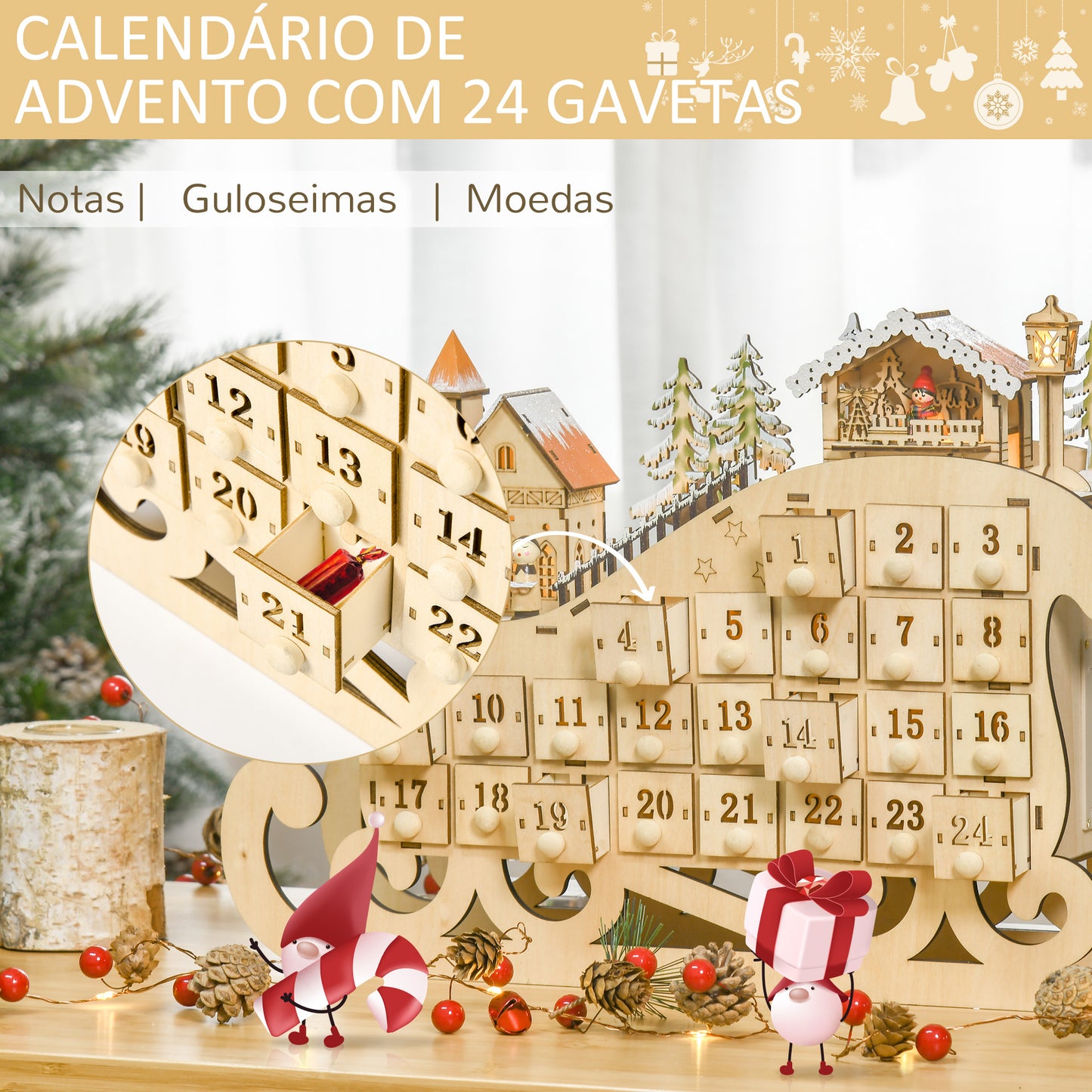 HOMCOM Calendário de Advento de Natal com Luzes LED e 24 Gavetas Decoração de Natal Modelo de Trenó 45x10x31cm Madeira Natural