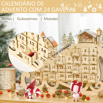 HOMCOM Calendário de Advento de Natal com Luzes LED e 24 Gavetas Decoração de Natal Modelo de Trenó 45x10x31cm Madeira Natural