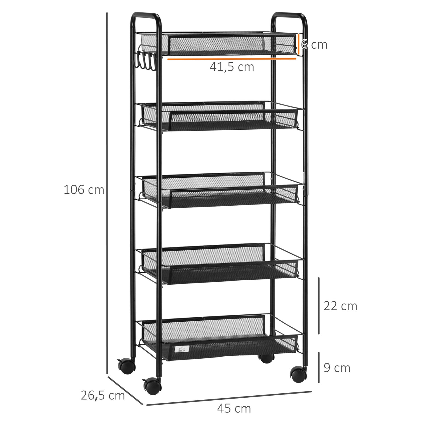 HOMCOM Carrinho Auxiliar com Rodas Carrinho de Cozinha de 5 Níveis com Cestos de Malha Removíveis e Estrutura de Aço para Sala de Estar Casa de Banho Sala de Jantar Escritório 45x26,5x106 cm Preto