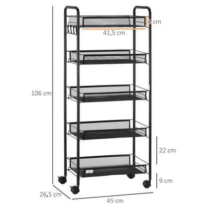 HOMCOM Carrinho Auxiliar com Rodas Carrinho de Cozinha de 5 Níveis com Cestos de Malha Removíveis e Estrutura de Aço para Sala de Estar Casa de Banho Sala de Jantar Escritório 45x26,5x106 cm Preto