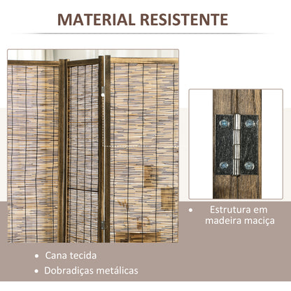 HOMCOM Biombo de 4 Painéis Separador de Ambientes Dobrável 160x1,8x170 cm Divisor de Ambientes de Madeira e Caniço Estilo Rústico para Escritório Dormitório Sala de Estar Madeira