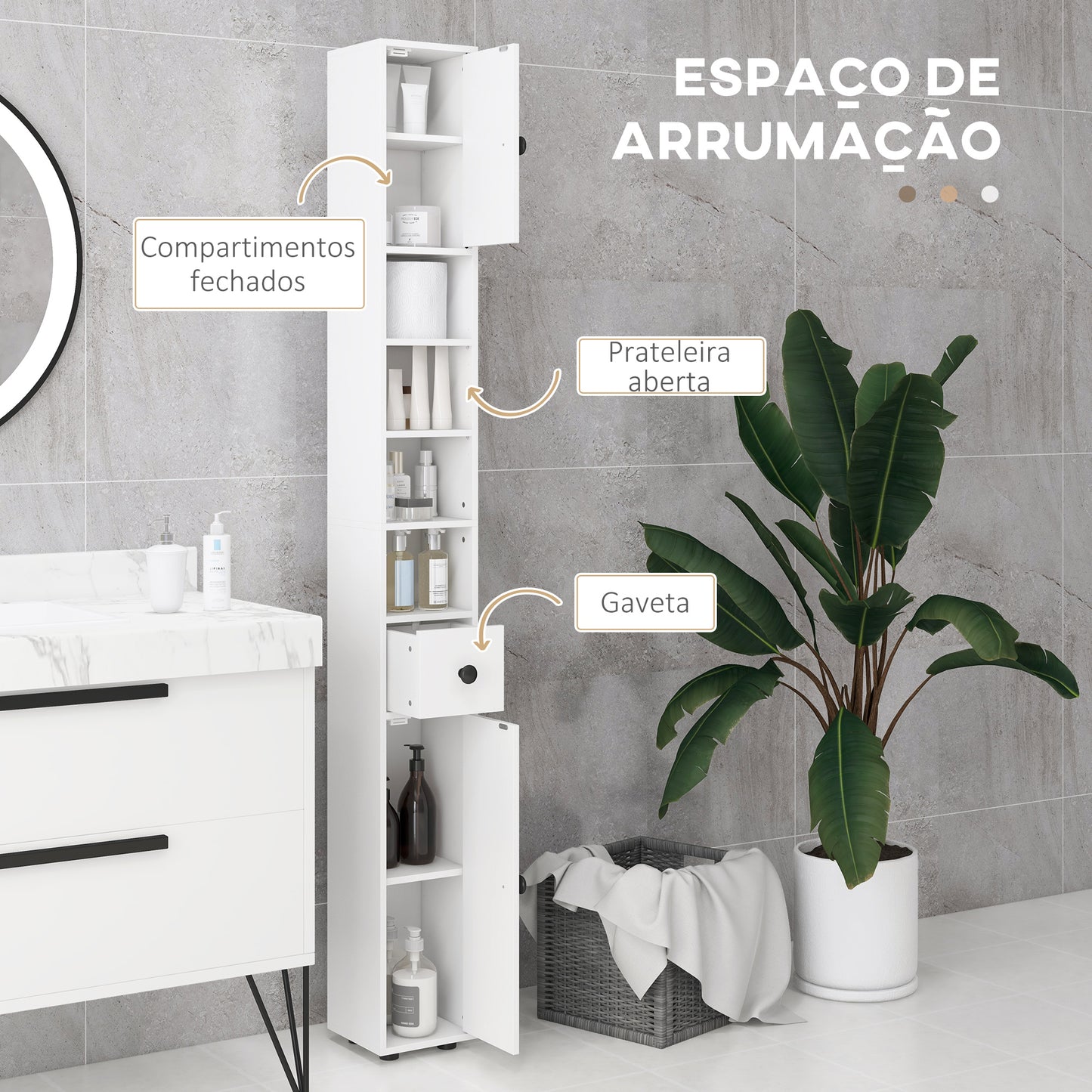 kleankin Coluna Casa de Banho Moderna Móvel Auxiliar Casa de Banho com 1 Gaveta 5 Prateleiras Ajustáveis e 2 Armários Móvel de Armazenamento Sala de Estar Cozinha Carga 30 kg 20x20x180 cm Branco