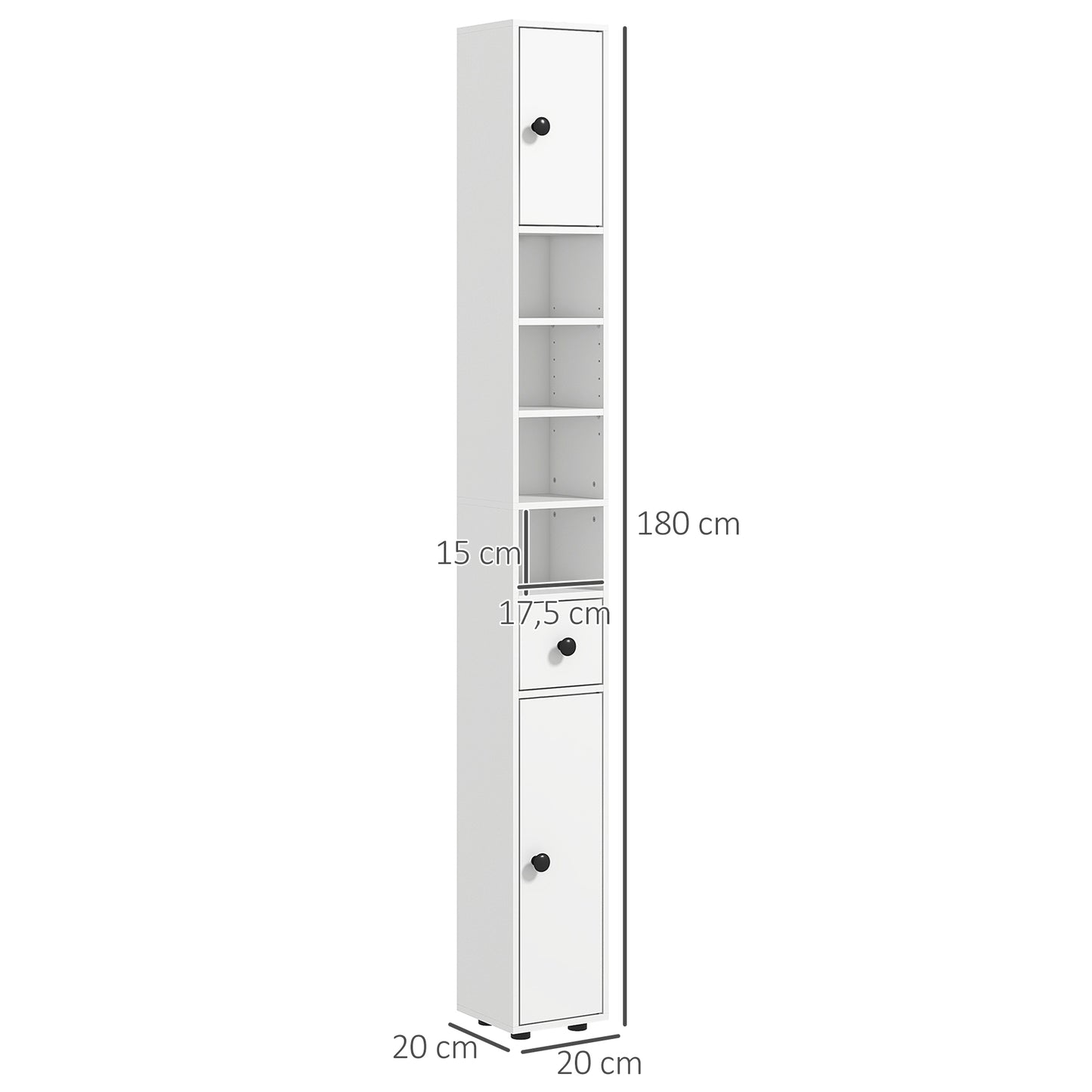 kleankin Coluna Casa de Banho Moderna Móvel Auxiliar Casa de Banho com 1 Gaveta 5 Prateleiras Ajustáveis e 2 Armários Móvel de Armazenamento Sala de Estar Cozinha Carga 30 kg 20x20x180 cm Branco