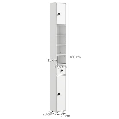 kleankin Coluna Casa de Banho Moderna Móvel Auxiliar Casa de Banho com 1 Gaveta 5 Prateleiras Ajustáveis e 2 Armários Móvel de Armazenamento Sala de Estar Cozinha Carga 30 kg 20x20x180 cm Branco