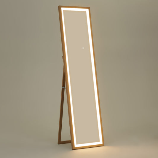 HOMCOM Espelho de Pé com Luz LED 40x160 cm Espelho de Corpo Inteiro com Iluminação de 3 Cores Tátil Função de Memória e Suporte para Sala de Estar Dormitório Madeira