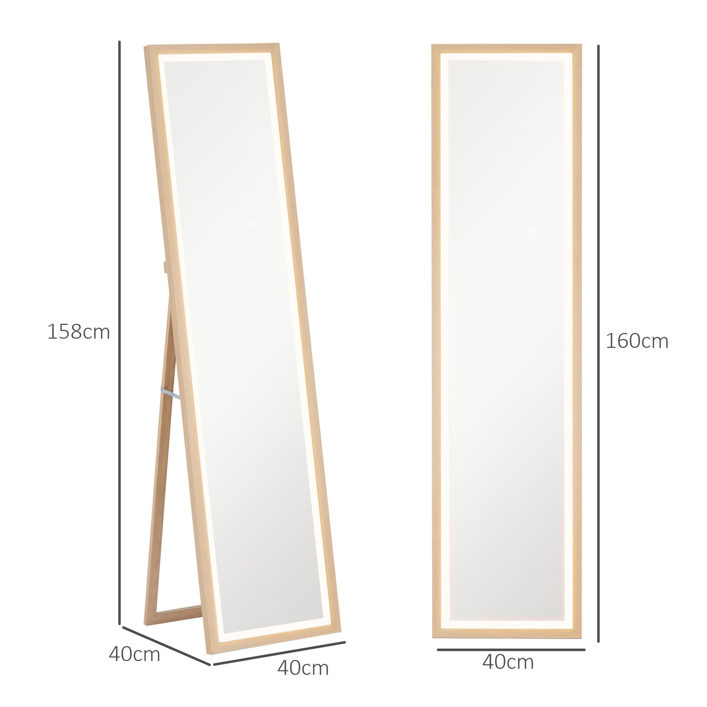 HOMCOM Espelho de Pé com Luz LED 40x160 cm Espelho de Corpo Inteiro com Iluminação de 3 Cores Tátil Função de Memória e Suporte para Sala de Estar Dormitório Madeira