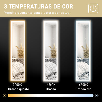 HOMCOM Espelho de Pé com Luz LED 40x160 cm Espelho de Corpo Inteiro com Iluminação de 3 Cores Tátil Função de Memória e Suporte para Sala de Estar Dormitório Madeira