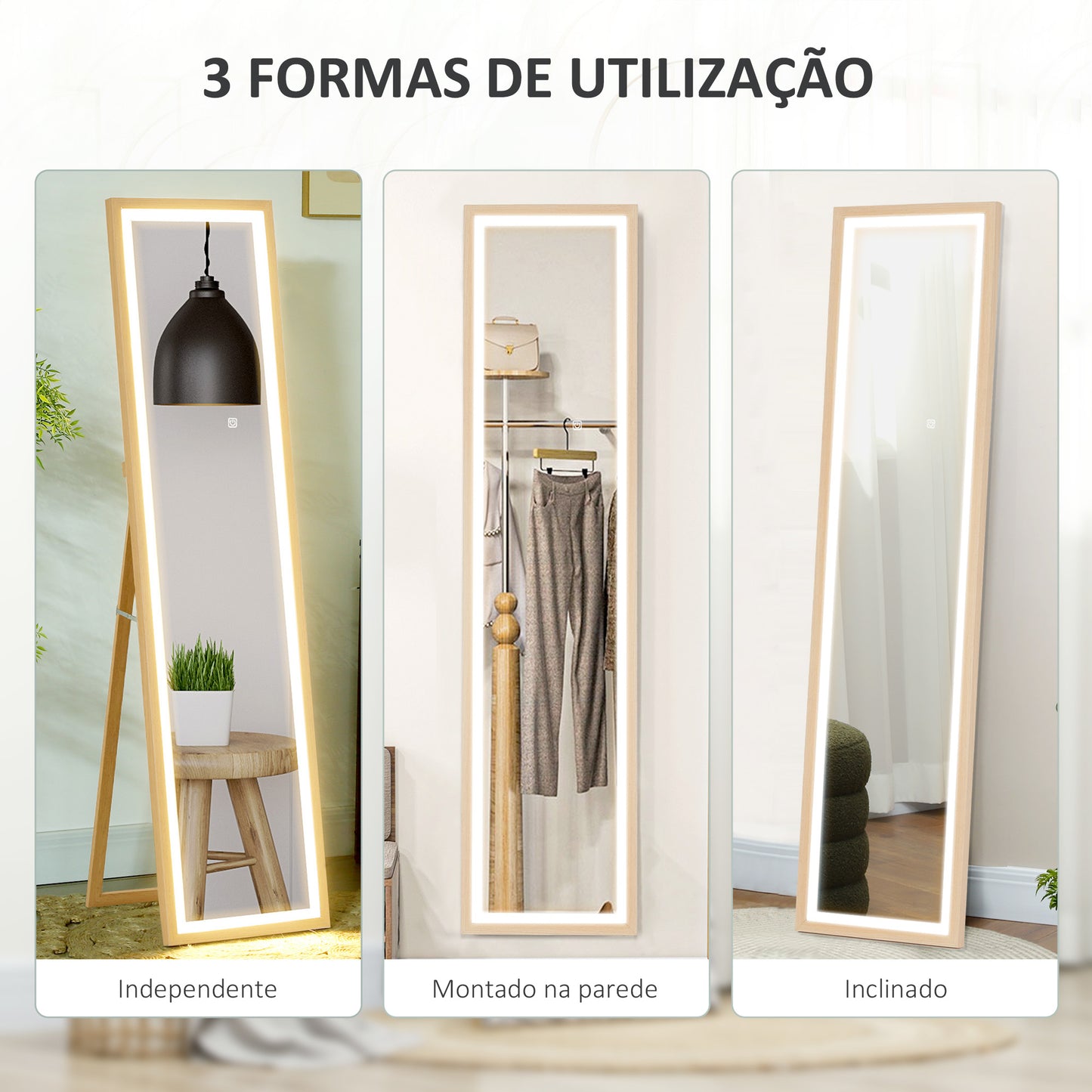 HOMCOM Espelho de Pé com Luz LED 40x160 cm Espelho de Corpo Inteiro com Iluminação de 3 Cores Tátil Função de Memória e Suporte para Sala de Estar Dormitório Madeira