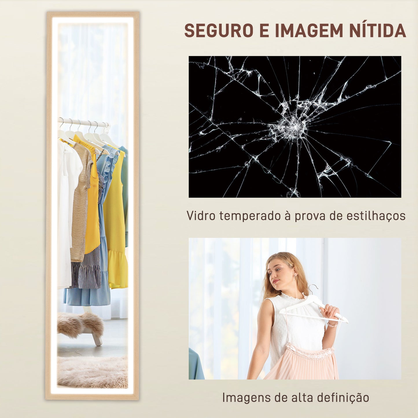 HOMCOM Espelho de Pé com Luz LED 40x160 cm Espelho de Corpo Inteiro com Iluminação de 3 Cores Tátil Função de Memória e Suporte para Sala de Estar Dormitório Madeira