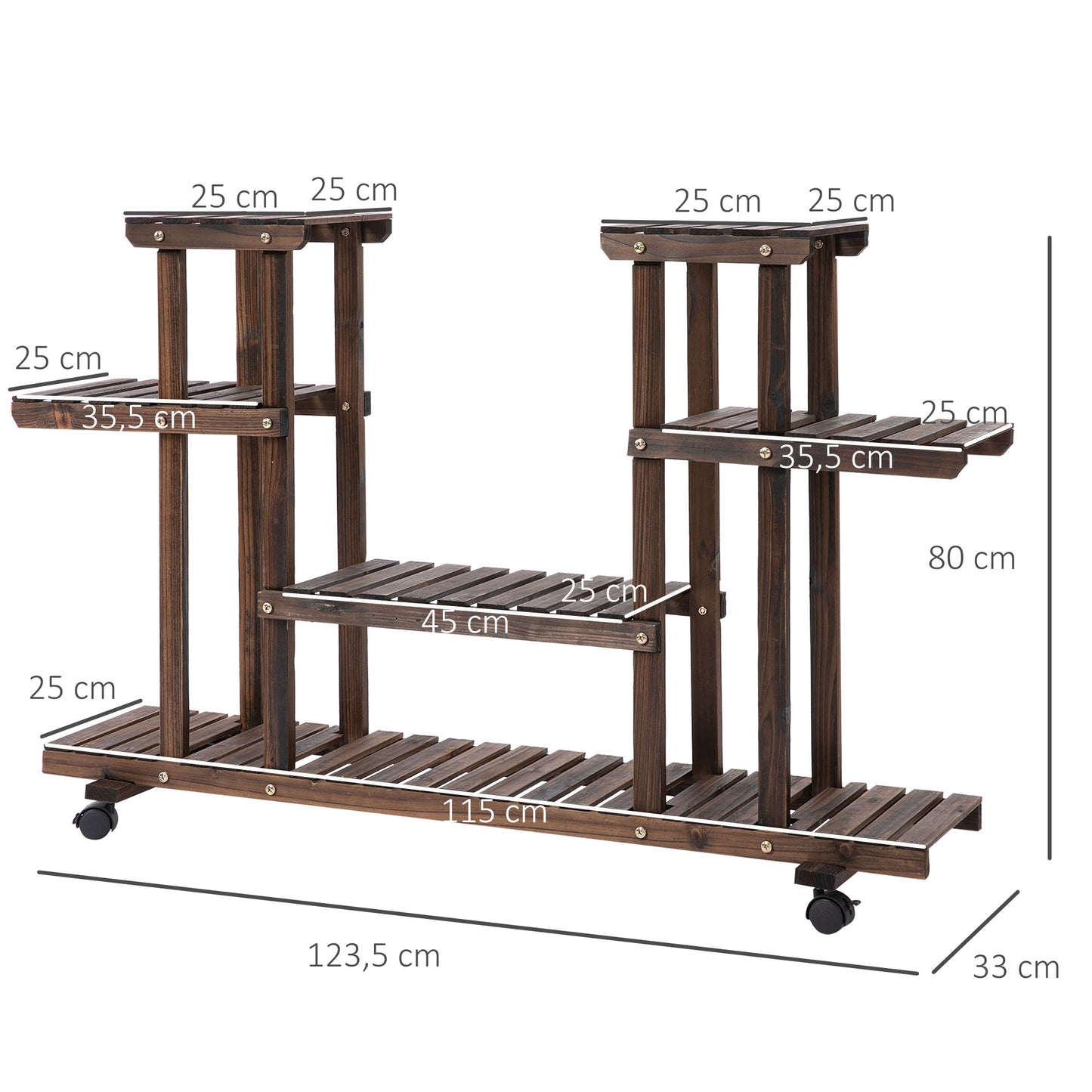 Outsunny Suporte para Plantas de 4 Níveis com Rodas Suporte para Vasos de Plantas para Interior e Exterior 123,5x33x80 cm Marrom Escuro