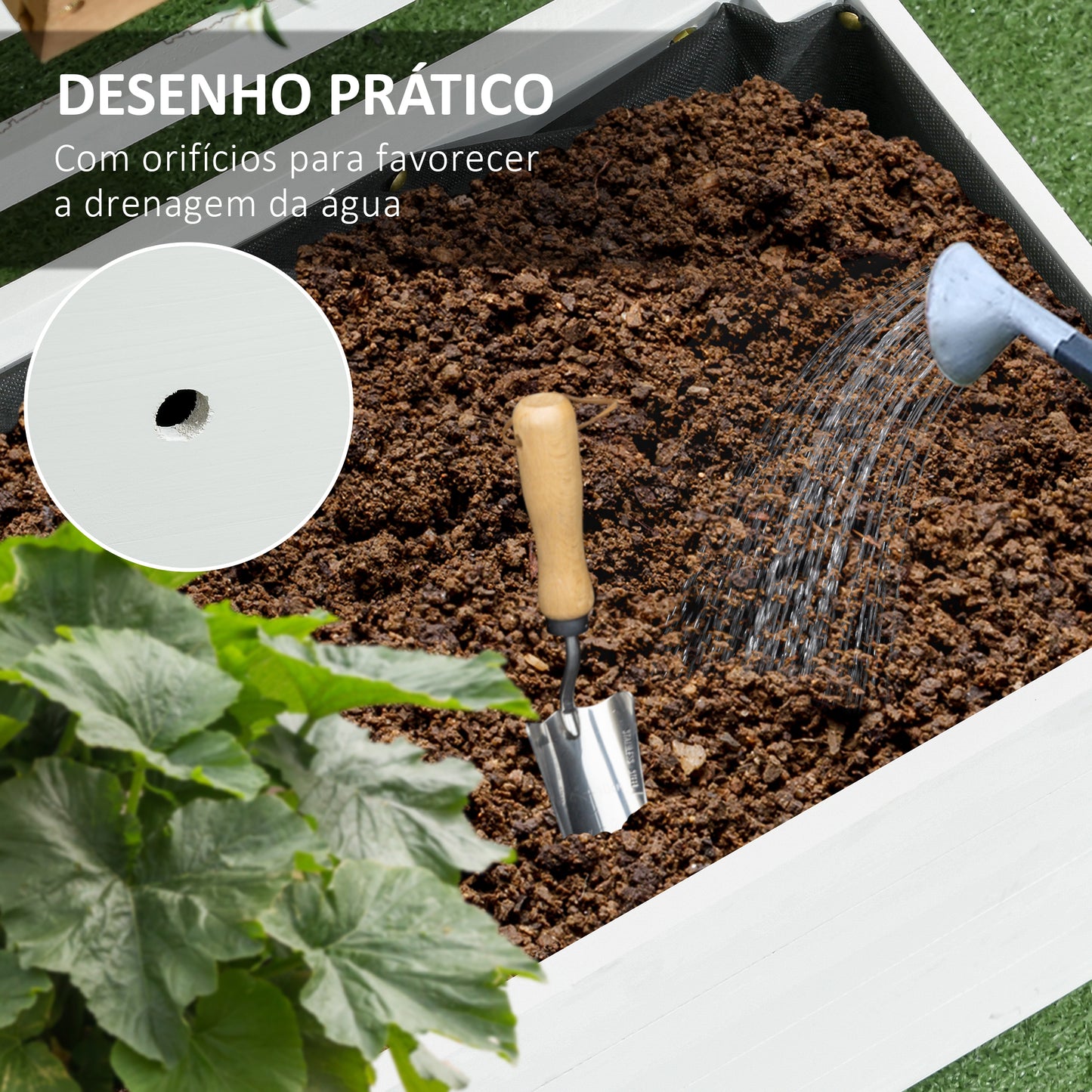 Outsunny Floreira com Treliça de Madeira Maciça com 4 Rodas Caixa de Plantio com Suporte para Plantas Trepadeiras e Malha Geotêxtil para Cultivos de Plantas Flores 76x30x155 cm Branco