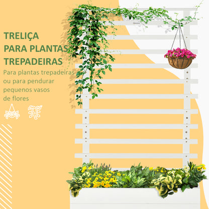 Outsunny Floreira com Treliça de Madeira Maciça com 4 Rodas Caixa de Plantio com Suporte para Plantas Trepadeiras e Malha Geotêxtil para Cultivos de Plantas Flores 76x30x155 cm Branco