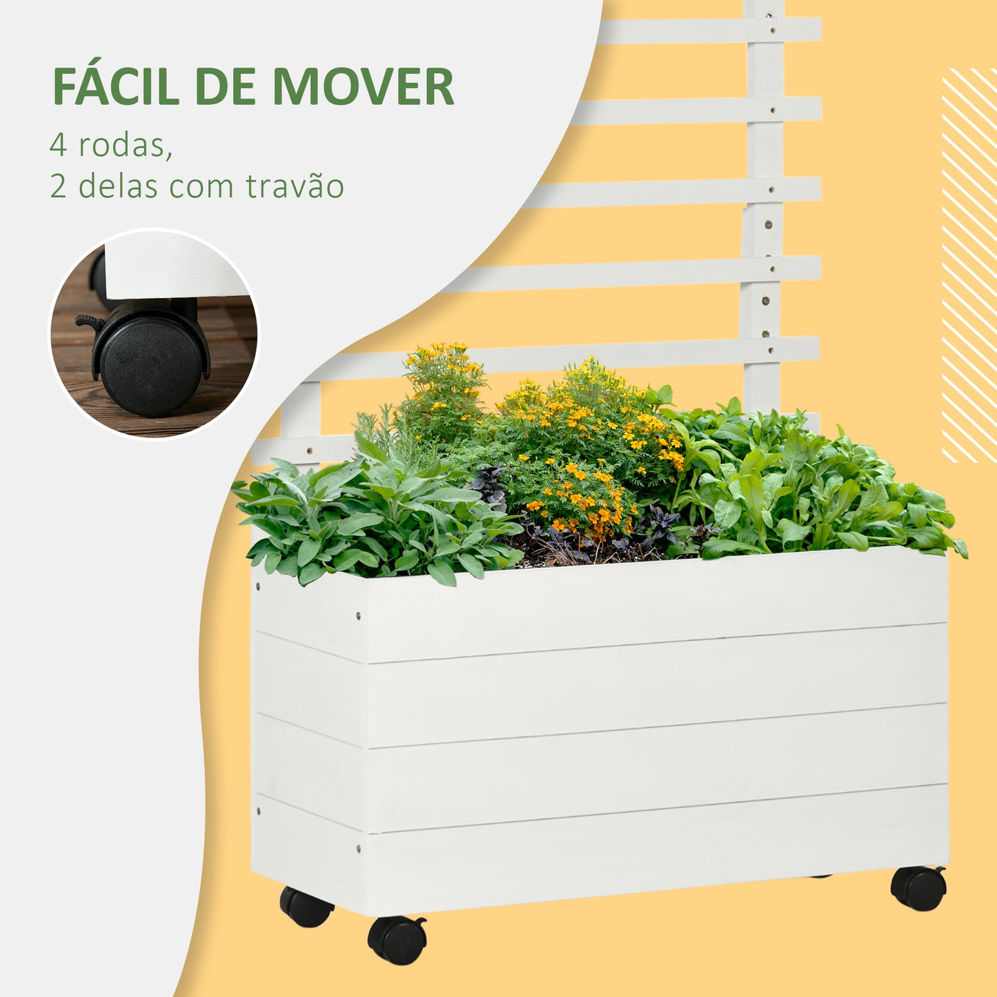 Outsunny Floreira com Treliça de Madeira Maciça com 4 Rodas Caixa de Plantio com Suporte para Plantas Trepadeiras e Malha Geotêxtil para Cultivos de Plantas Flores 76x30x155 cm Branco