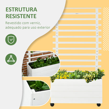 Outsunny Floreira com Treliça de Madeira Maciça com 4 Rodas Caixa de Plantio com Suporte para Plantas Trepadeiras e Malha Geotêxtil para Cultivos de Plantas Flores 76x30x155 cm Branco